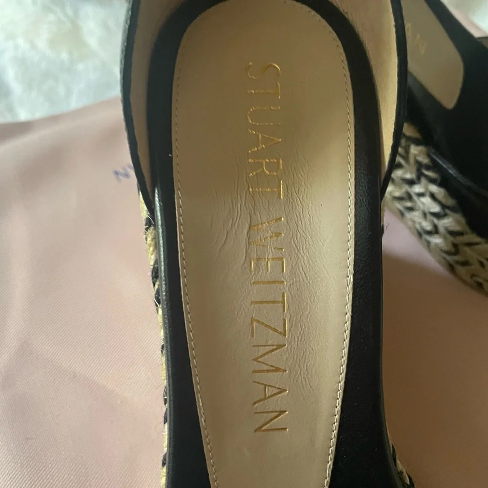 Stuart Weitzman Black Leather Espadrille Wedge Sandals